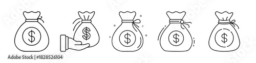 Money bag with dollar sign outline icons for finance and wealth