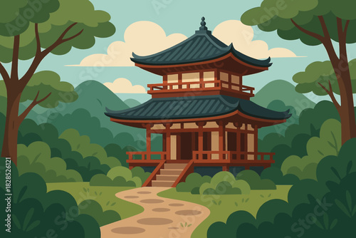 vector illustration of a japanese temple surrounded by nature