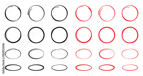 Hand drawn circle highlighter set black and red vector design, eps 10