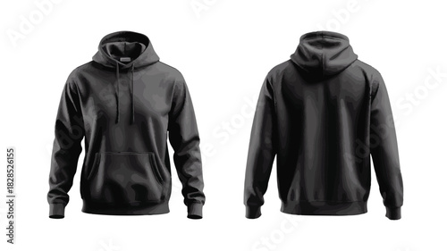 Front and Back View of a Black Pullover Hoodie with a Kangaroo Pocket Keywords: hoodie, sweatshirt, pullover, garment, clothing, apparel, fashion, black, dark, front view, back