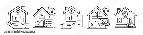 Real estate finance, property investment and mortgage line icons set