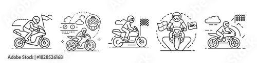 Motorcycle racing line art icons set, rider on bike, finish flags