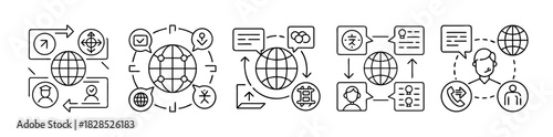 Global communication network, data transfer, language translation icons
