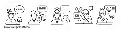 Global communication, language translation, and dialogue line icons