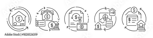 Real estate, banking, financial transaction services line icons
