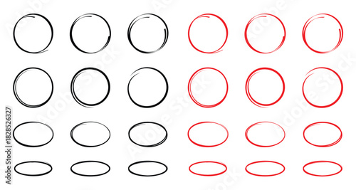 Hand drawn black and red circles and ovals set. Ellipses in red pencil doodle style. Round freehand shapes, emphasis highlights. Red round rough thin frames.