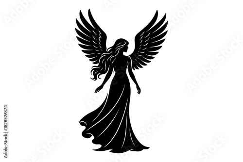 Elegant black silhouette of a beautiful angel woman with large feathered wings, a mythical goddess in a flowing gown representing divine femininity