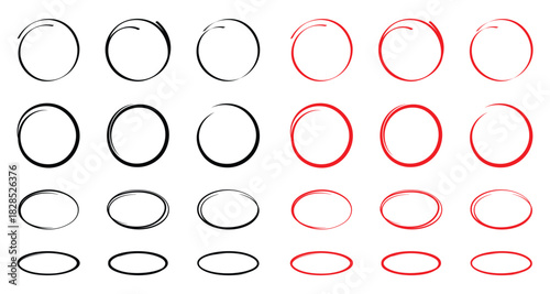 Hand drawn black and red circles and ovals set. Ellipses in red pencil doodle style. Round freehand shapes, emphasis highlights. Red round rough thin frames.