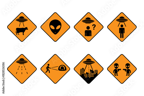 UFO and Alien Warning Sign Set Humorous Road Signs with Extraterrestrial Themes for Sci-Fi Enthusiasts