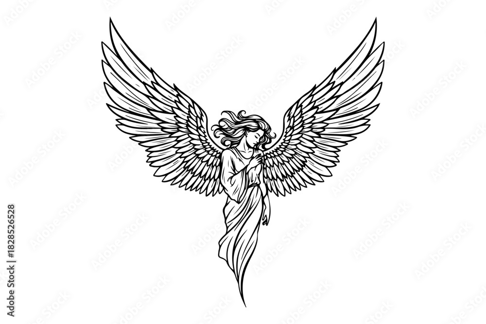 Obraz premium A beautifully detailed hand-drawn sketch of a celestial guardian angel with magnificent wings, a divine female figure in a flowing gown isolated on white