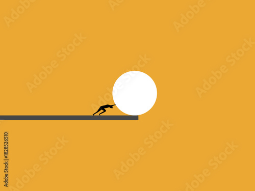 Businessman pushes rock down cliff