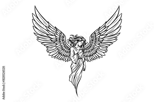 A beautifully detailed hand-drawn sketch of a celestial guardian angel with magnificent wings, a divine female figure in a flowing gown isolated on white