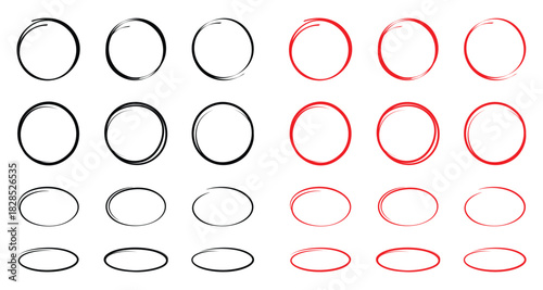 Hand drawn black and red circles and ovals set. Ellipses in red pencil doodle style. Round freehand shapes, emphasis highlights. Red round rough thin frames.