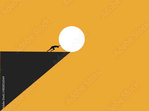 man pushes rocks off a cliff.