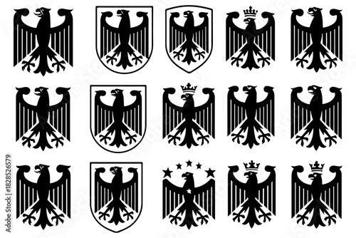 Vector collection of stylized black eagle symbols in various heraldic shield designs. Icon set of majestic birds of prey, representing empire, strength, and heritage for logo and emblem creation