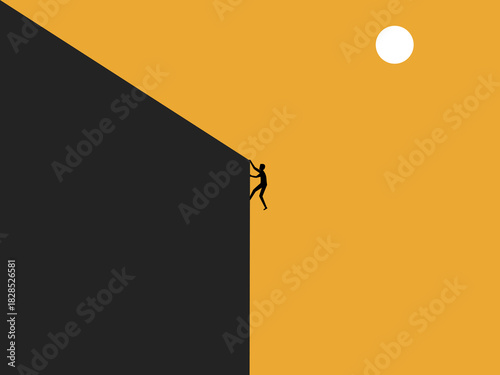 Businessman tries to climb a high cliff