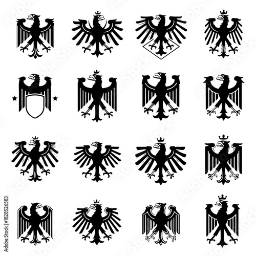 Diverse collection of stylized heraldic eagle emblems showcasing majestic birds of prey with spread wings, symbolizing strength, freedom, and authority across various design illustrations