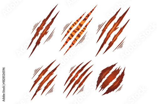 Set of six realistic scratch marks with distressed textures and abstract claw gouges on a white background, representing animal aggression