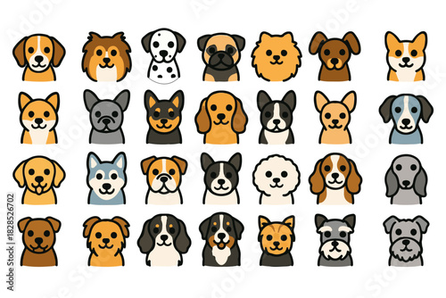 A charming collection of cute dog faces, featuring a diverse range of breeds and expressions, perfect for a variety of pet-related projects