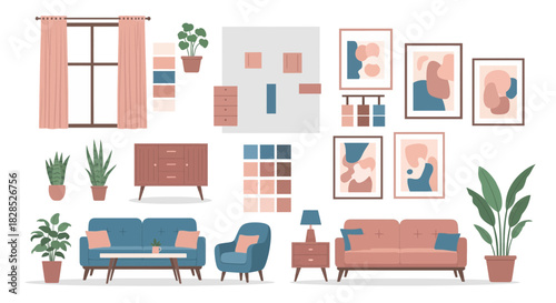 Modern Living Room Interior Design Elements Collection.