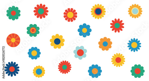 A cheerful and vibrant pattern featuring an assortment of brightly colored, stylized flowers scattered randomly on a clean white background.