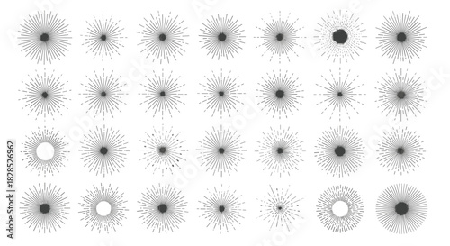 A diverse collection of sunburst and starburst design elements in various vintage and retro styles, ideal for creative projects.