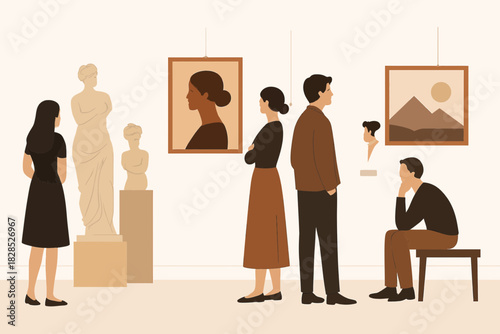 People admiring art and sculptures in a museum exhibition hall.