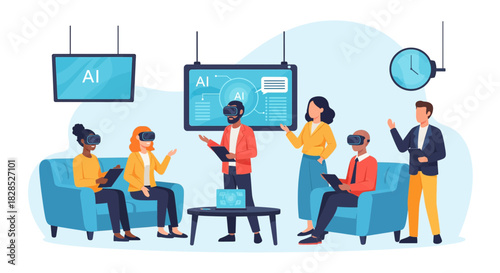 People Experiencing Virtual Reality Technology in a Modern Office Setting.