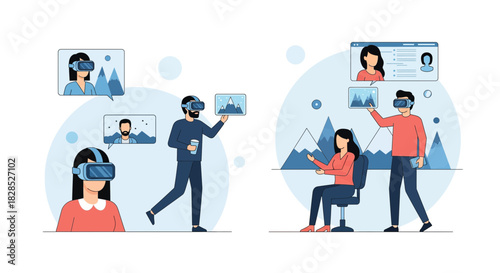 People Experiencing Virtual Reality Technology and Digital Content.