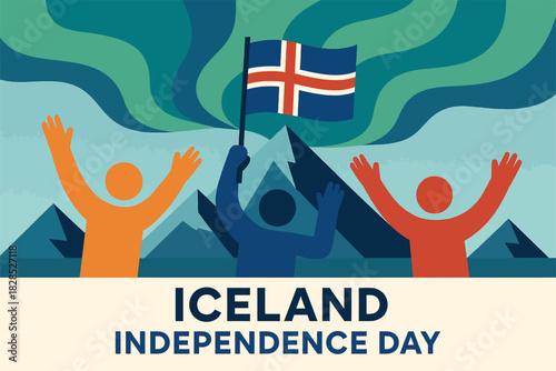 Geometric Iceland Independence Day design with stylized mountains aurora elements and simplified figures in festive composition