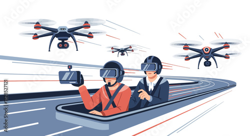 People Wearing VR Headsets Piloting Drones in Futuristic Environment.