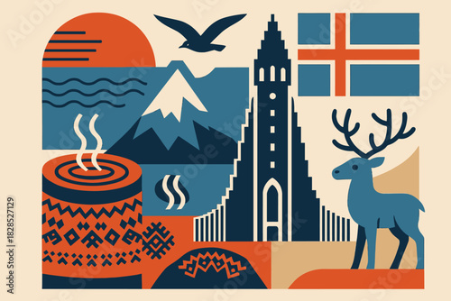 Modern Iceland holiday artwork combining abstract northern shapes minimal symbols and clean bold celebratory themed layout
