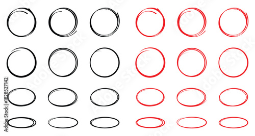 Drawn pen line oval set. Hand drawn marker stroke style doodle oval frame. Scribble round frame for text highlight. Vector illustration set. EPS 10