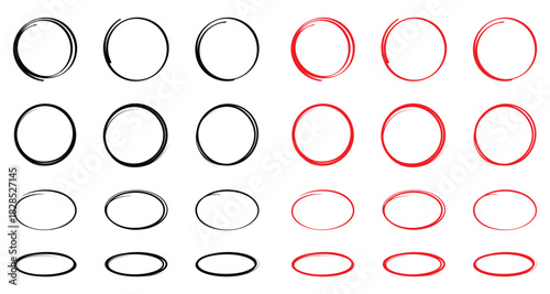 Drawn pen line oval set. Hand drawn marker stroke style doodle oval frame. Scribble round frame for text highlight. Vector illustration set. EPS 10