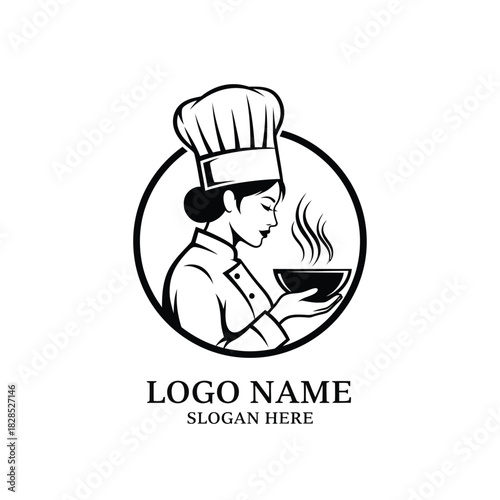 Chef with Bowl Logo Design cook woman food restaurant kitchen culinary uniform hat toque steam hot meal service vector illustration