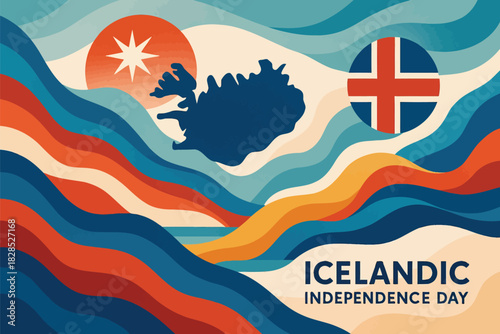 Modern Iceland national holiday artwork showing simplified people bold shapes and clean celebratory themed elements