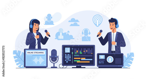 Podcast Studio with Two Hosts Recording Audio Content.