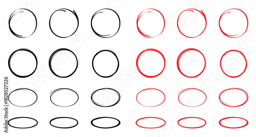 Hand drawn circle highlighter line sketch set. Vector marker black and red circular lines, doodle round circles for message note mark design element. Pencil or pen bubble sketch