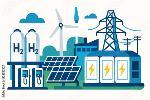 Renewable Energy Sources and Hydrogen Fuel Station Illustration.