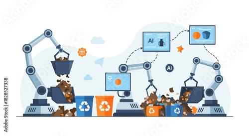 Robotic Arms Sorting Recyclable Materials with AI Technology.