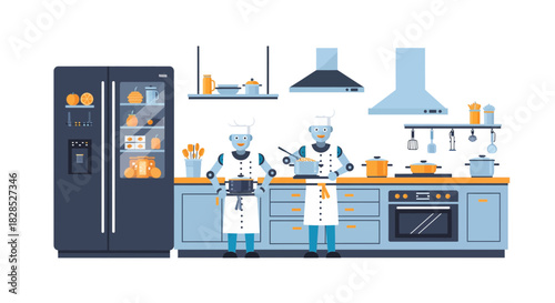 Robotic chefs preparing food in a modern kitchen with advanced appliances.