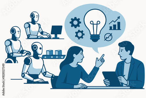 Robots and humans collaborate on business ideas and innovation.