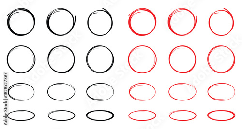 Hand drawn circle highlighter line sketch set. Vector marker black and red circular lines, doodle round circles for message note mark design element. Pencil or pen bubble sketch