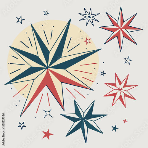 Retro starbursts and compass rose illustration with yellow circle vintage abstract