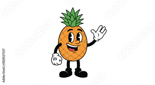 A friendly cartoon pineapple character with a retro 1930s animation style waves happily on a clean white background.