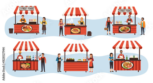 Street Food Stalls with Vendors and Customers Illustration.