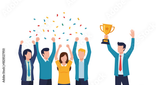 Team celebrating success with a trophy and confetti.