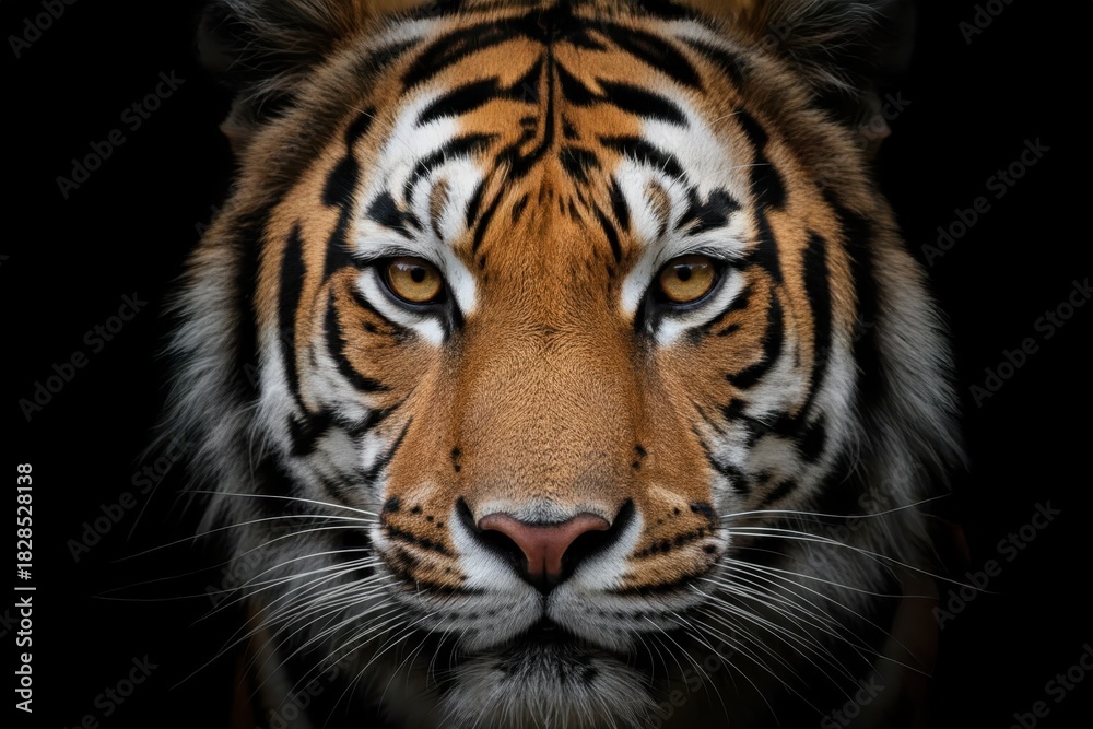 Obraz premium Close-up portrait of a tiger staring directly forward with intense golden eyes, detailed fur texture, and dramatic lighting on a black background.