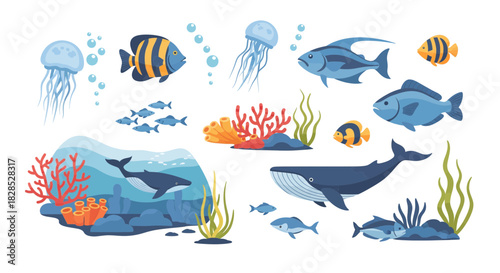 Vibrant Underwater Scene with Diverse Marine Life and Coral Reefs.