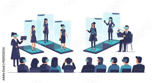 Virtual Reality Business Meeting with Holographic Presentations.